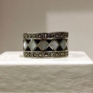 Onyx Marcasite Mother of Pearl Sterling Silver 925 Harlequin Inlay Ring 7.5